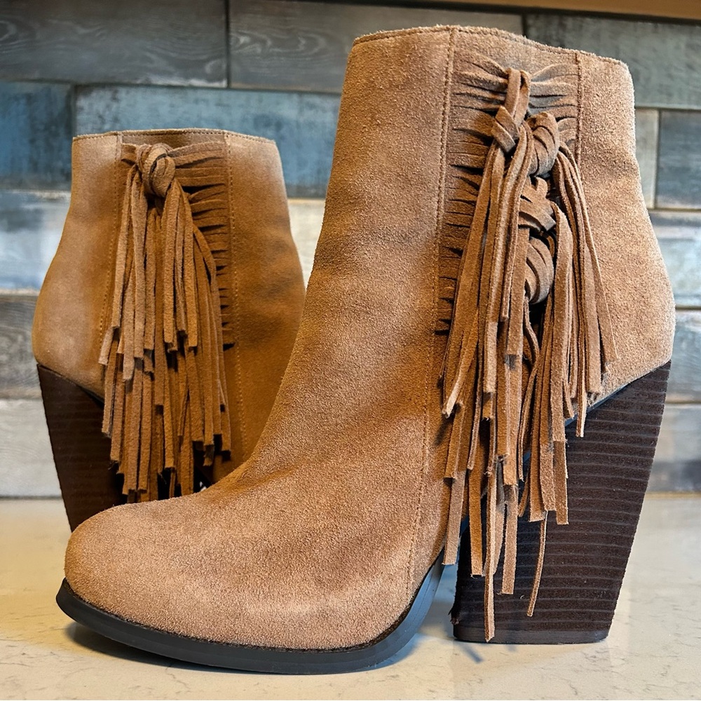 Very Volatile Dreamcatch Suede Leather Fringe Stacked Block Heel Ankle Boots - Picture 2 of 16